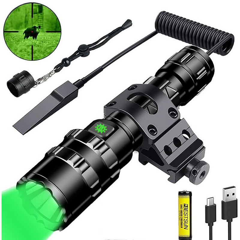 Green Light Flashlight, Rechargeable LED Green Light Tactical Flashlight with Pressure Switch, 5 Modes & Zoomable Deer Hunting Light, IPX4 waterproof Hog Lights for Night Hunting Coyote Varmint