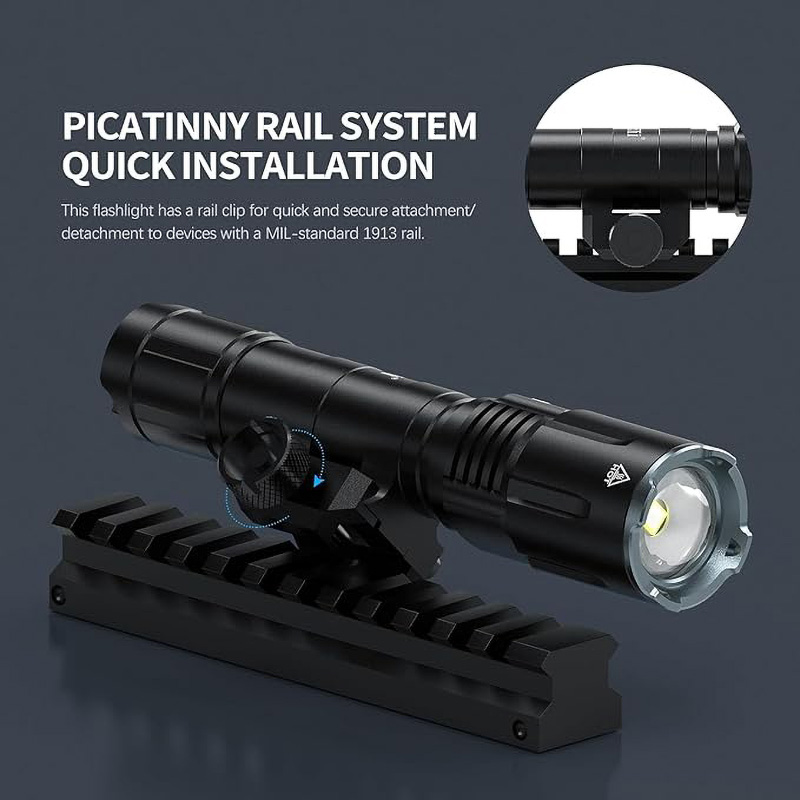 FL27 Rechargeable Flashlight 2000 Lumen, USB-C Tactical Light with Adjustable Focus, 4 Modes (Ultra/High/Low/Strobe), IPX7 Waterproof, Includes Pressure Switch & Picatinny Mount - Image 4