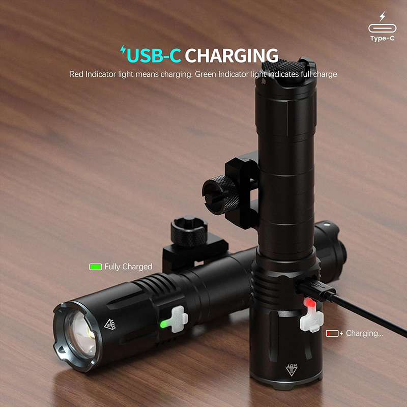 FL27 Rechargeable Flashlight 2000 Lumen, USB-C Tactical Light with Adjustable Focus, 4 Modes (Ultra/High/Low/Strobe), IPX7 Waterproof, Includes Pressure Switch & Picatinny Mount - Image 6